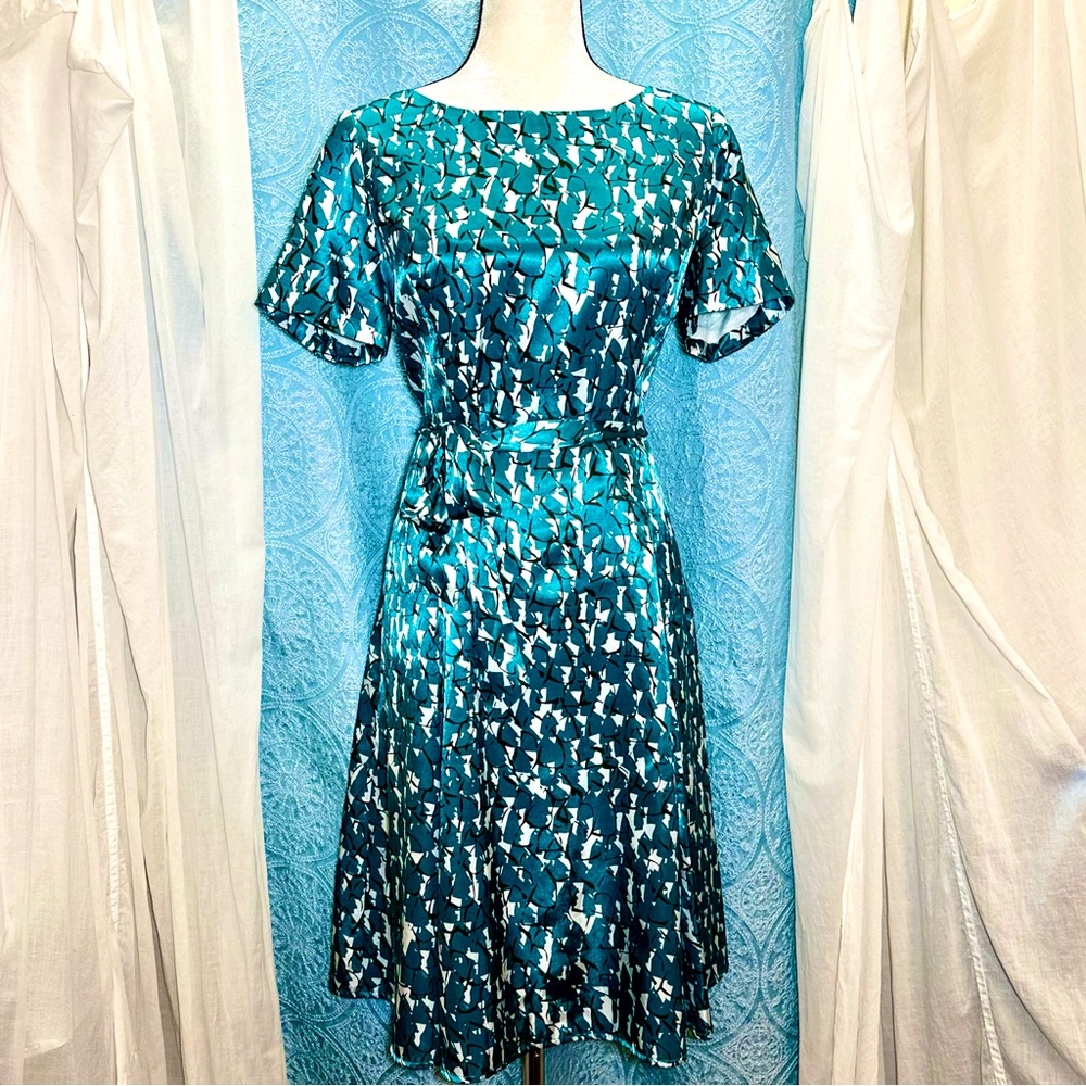 Alex Marie Satin Green Print Cocktail Dress Sz 10